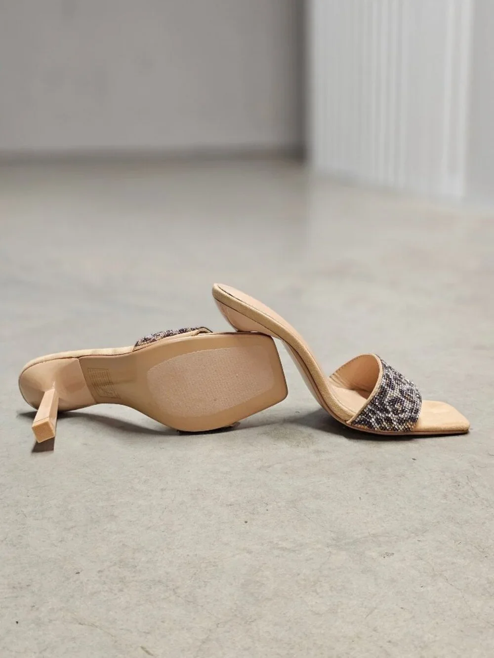 Beaded Leopard Print Square-Toe Open Heels With Stiletto Heel Design